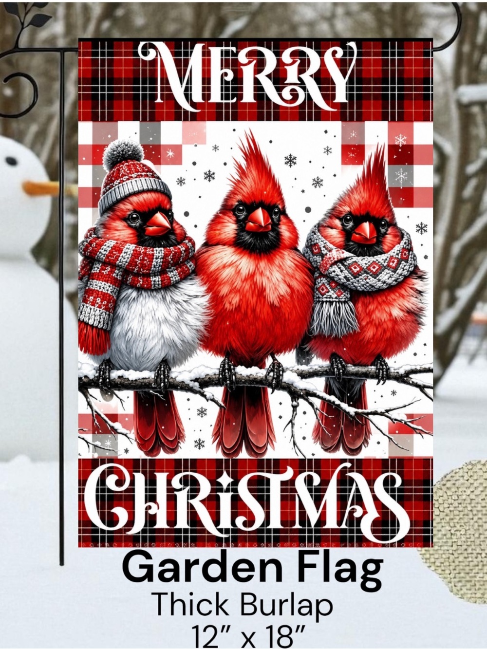 Christmas Cardinals Garden Flag, burlap, double-sided, approx 12”x18”